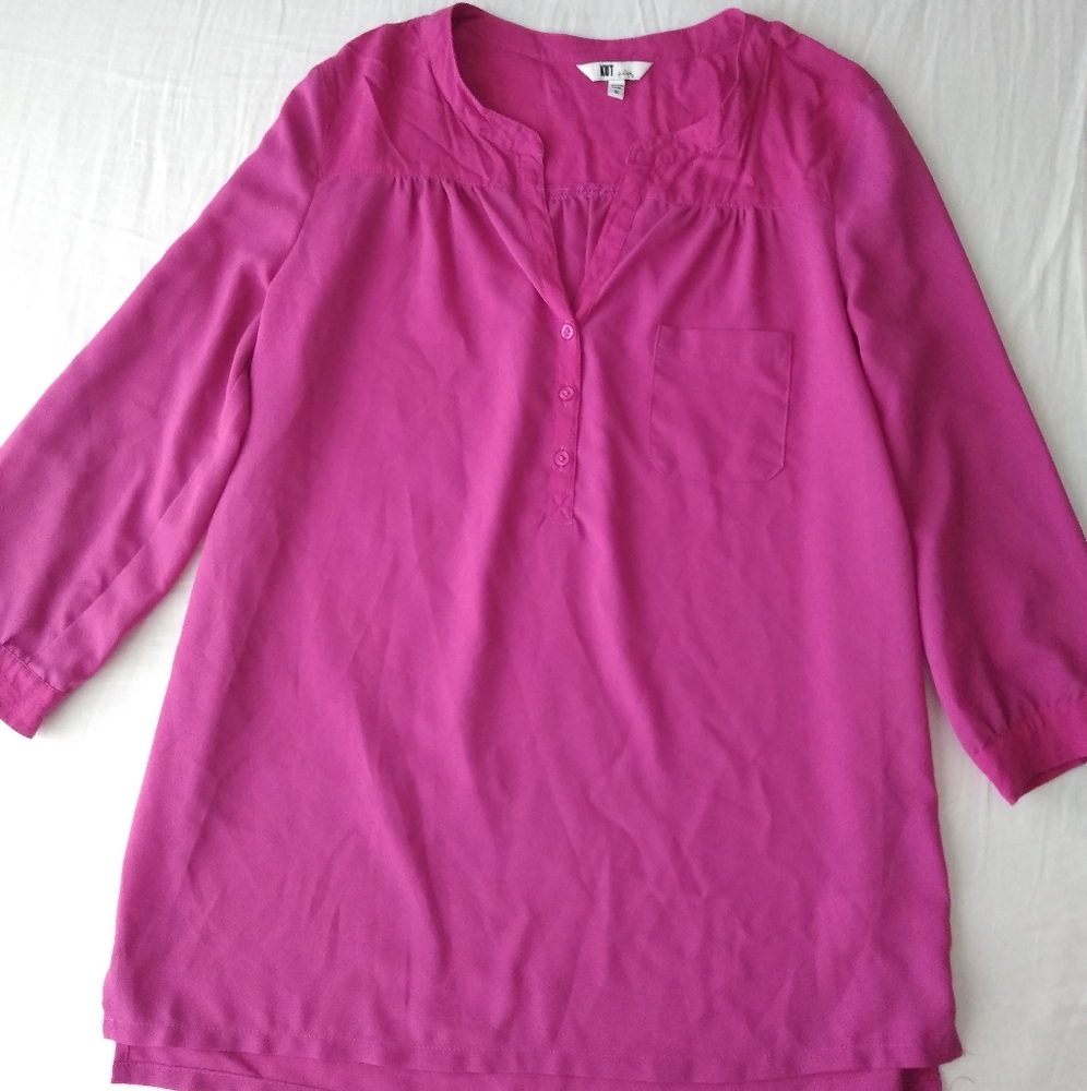 Kut from the Kloth Sheer Half Button Down Top Pink Purple Medium Long Sleeve